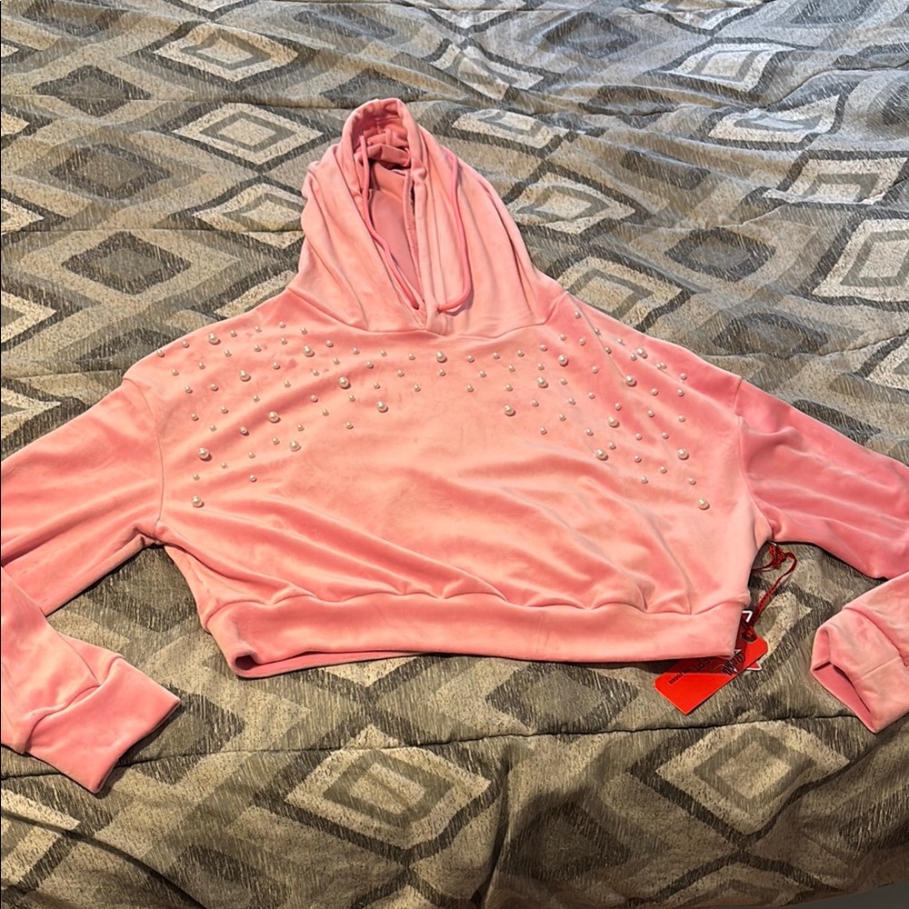 Roma Concepts Pink Velour Pearl Hooded Women's Sweater